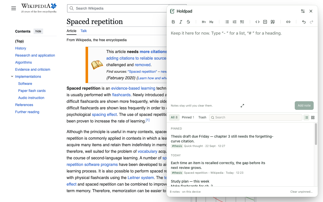 Holdpad quick notes panel open beside a Wikipedia article, showing pinned, saved-selection and checklist notes